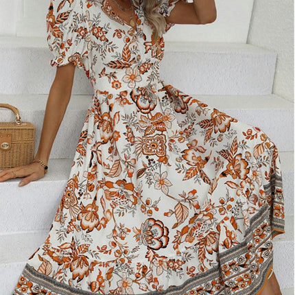 Women's Boho Floral Maxi Dress Puffy Short Sleeve V Neck Casual Long Beach Dress