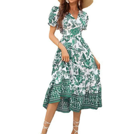 Women's Boho Floral Maxi Dress Puffy Short Sleeve V Neck Casual Long Beach Dress