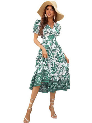 Women's Boho Floral Maxi Dress Puffy Short Sleeve V Neck Casual Long Beach Dress