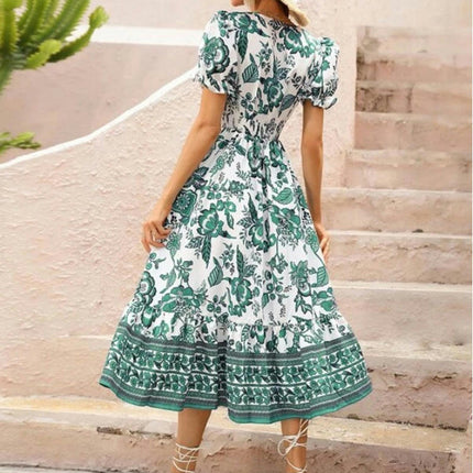 Women's Boho Floral Maxi Dress Puffy Short Sleeve V Neck Casual Long Beach Dress