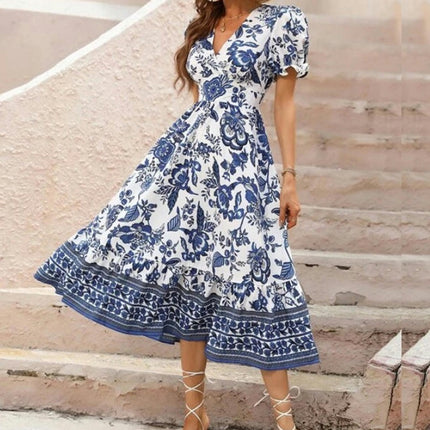 Women's Boho Floral Maxi Dress Puffy Short Sleeve V Neck Casual Long Beach Dress