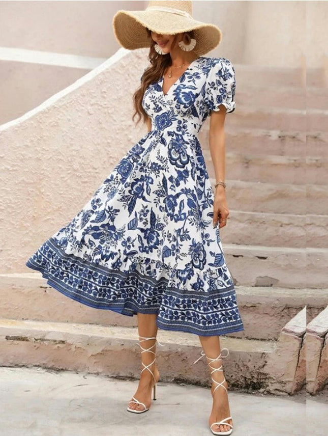 Women's Boho Floral Maxi Dress Puffy Short Sleeve V Neck Casual Long Beach Dress