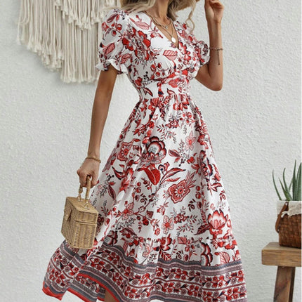 Women's Boho Floral Maxi Dress Puffy Short Sleeve V Neck Casual Long Beach Dress