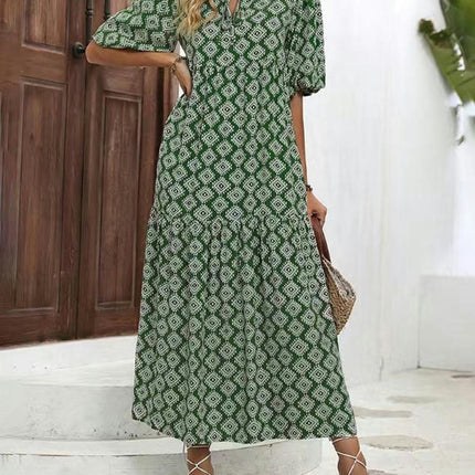 Women's Short Sleeve Round Neck Casual Flowy Print Summer Maxi Dresses