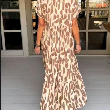 Women's Summer Short Sleeve V Neck Casual Loose Flowy Print Maxi Dresses