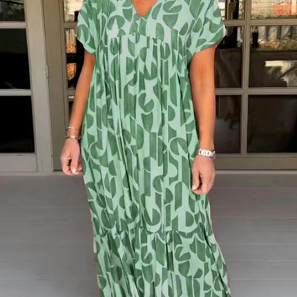 Women's Summer Short Sleeve V Neck Casual Loose Flowy Print Maxi Dresses