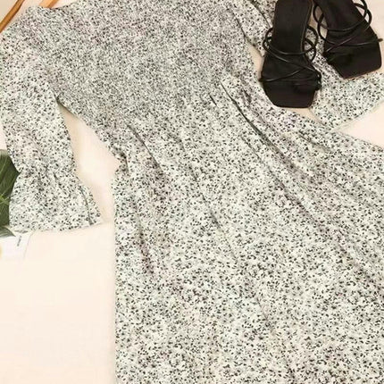 Women Summer Dresses Crew Neck Ruffle Short Sleeve Floral Print Smocked Boho Flowy Maxi Dress