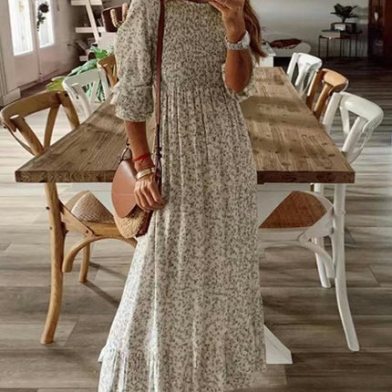 Women Summer Dresses Crew Neck Ruffle Short Sleeve Floral Print Smocked Boho Flowy Maxi Dress