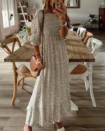 Women Summer Dresses Crew Neck Ruffle Short Sleeve Floral Print Smocked Boho Flowy Maxi Dress