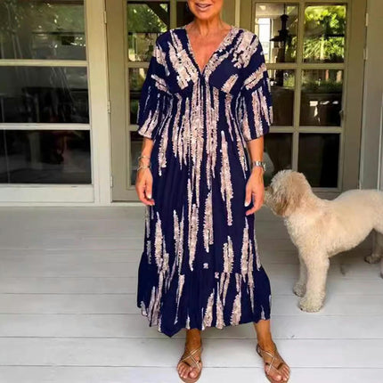 Women Summer Print V Neck Maxi Dress Flare Sleeve A-Line Ruffle Hem Dresses