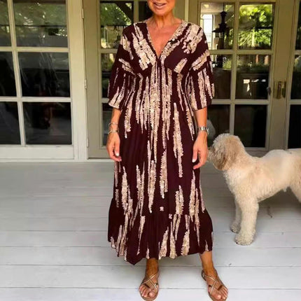 Women Summer Print V Neck Maxi Dress Flare Sleeve A-Line Ruffle Hem Dresses