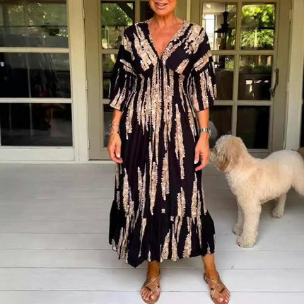 Women Summer Print V Neck Maxi Dress Flare Sleeve A-Line Ruffle Hem Dresses