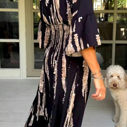 Women Summer Print V Neck Maxi Dress Flare Sleeve A-Line Ruffle Hem Dresses