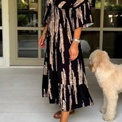 Women Summer Print V Neck Maxi Dress Flare Sleeve A-Line Ruffle Hem Dresses