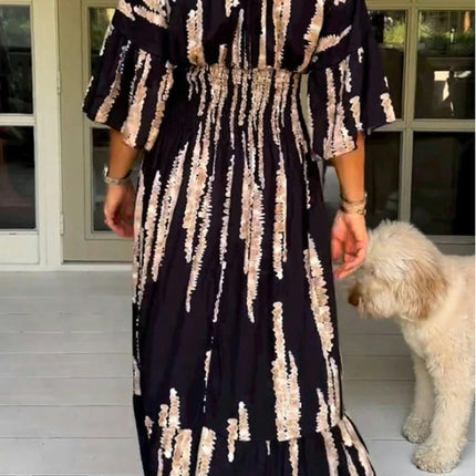 Women Summer Print V Neck Maxi Dress Flare Sleeve A-Line Ruffle Hem Dresses