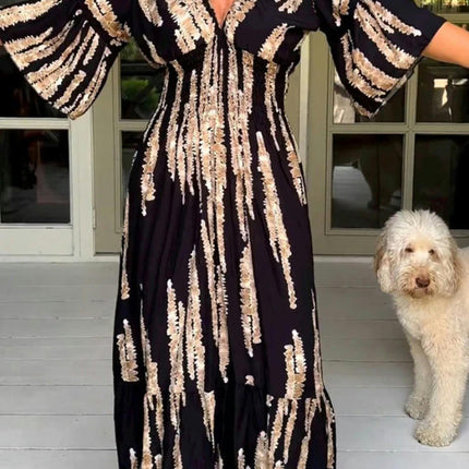 Women Summer Print V Neck Maxi Dress Flare Sleeve A-Line Ruffle Hem Dresses