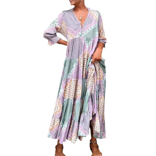 Summer Maxi Dress for Women V Neck Puff Short Sleeve Ruffle Flowy Beach Boho Long Dress