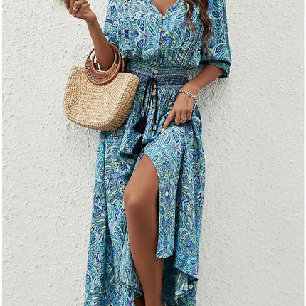 Women Floral V Neck Puff Short Sleeve Summer Maxi Dress Flowy Button Down Long Dress