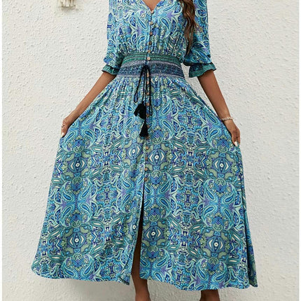 Women Floral V Neck Puff Short Sleeve Summer Maxi Dress Flowy Button Down Long Dress