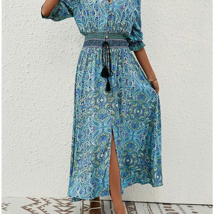 Women Floral V Neck Puff Short Sleeve Summer Maxi Dress Flowy Button Down Long Dress