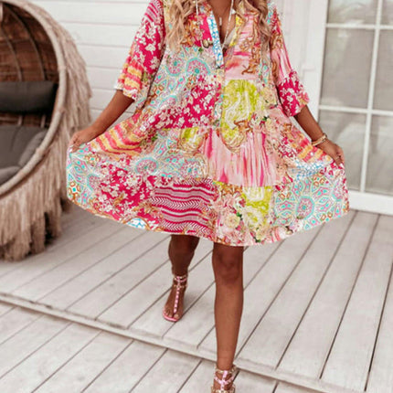 Women Summer Floral Print V Neck Mini Dress Flare Sleeve A-Line Ruffle Hem Dresses