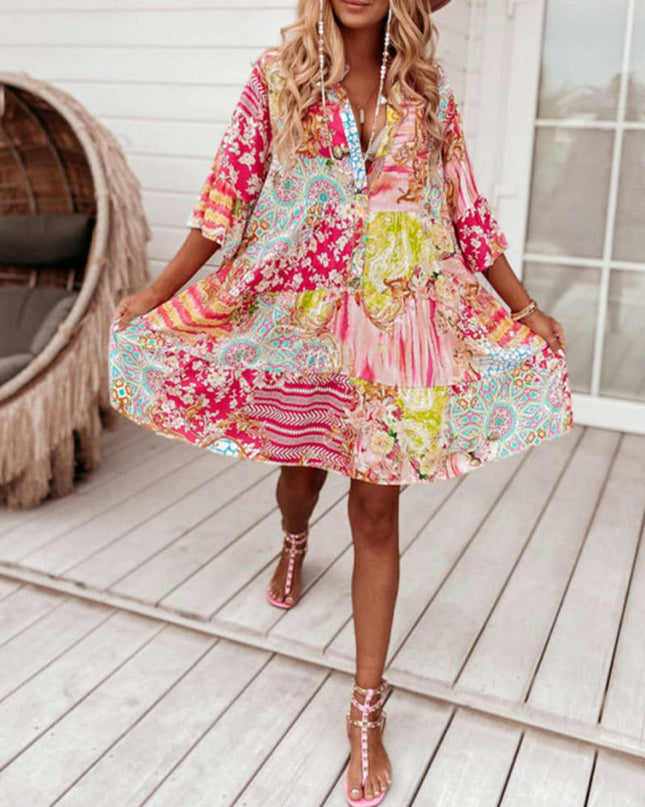 Women Summer Floral Print V Neck Mini Dress Flare Sleeve A-Line Ruffle Hem Dresses