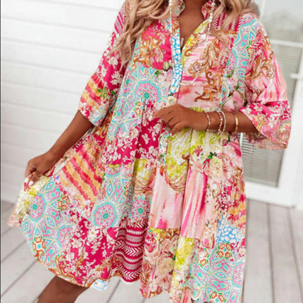 Women Summer Floral Print V Neck Mini Dress Flare Sleeve A-Line Ruffle Hem Dresses