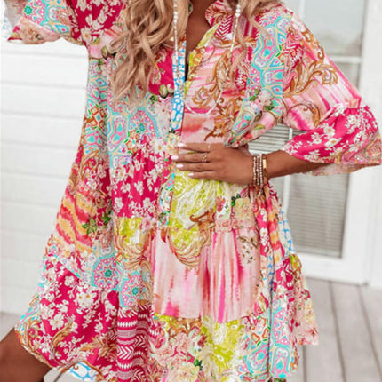 Women Summer Floral Print V Neck Mini Dress Flare Sleeve A-Line Ruffle Hem Dresses