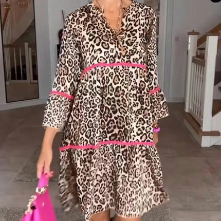 Women Summer Leopard Print V Neck Mini Dress Flare Sleeve A-Line Flowy Dresses