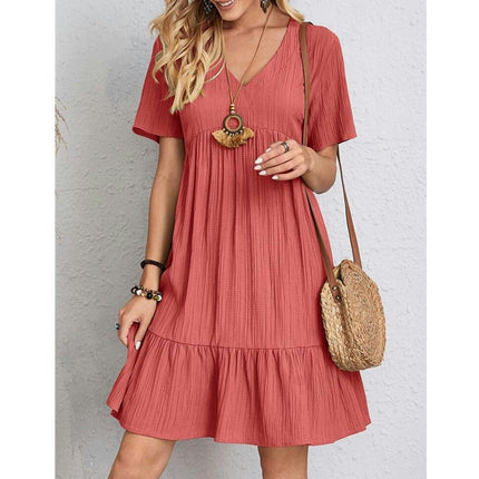 Women's Summer Trendy V Neck Short Sleeve A Line Ruffle Tiered Flowy Mini Beach Dress