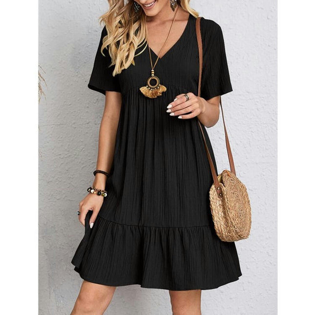 Women's Summer Trendy V Neck Short Sleeve A Line Ruffle Tiered Flowy Mini Beach Dress