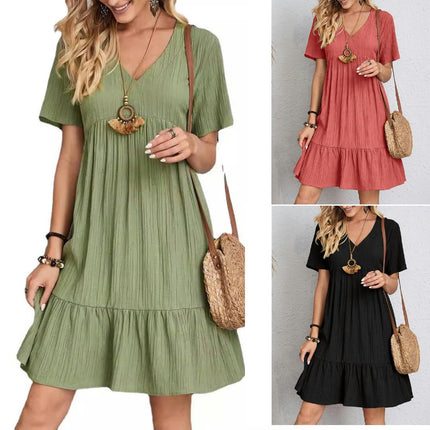 Women's Summer Trendy V Neck Short Sleeve A Line Ruffle Tiered Flowy Mini Beach Dress