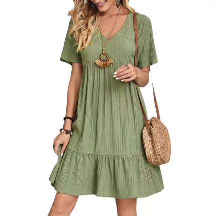 Women's Summer Trendy V Neck Short Sleeve A Line Ruffle Tiered Flowy Mini Beach Dress