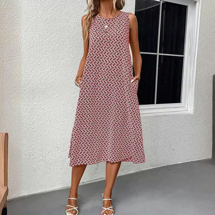 Women's Summer Crew Neck Midi Dresses Casual Loose Sleeveless Print Tank Dress