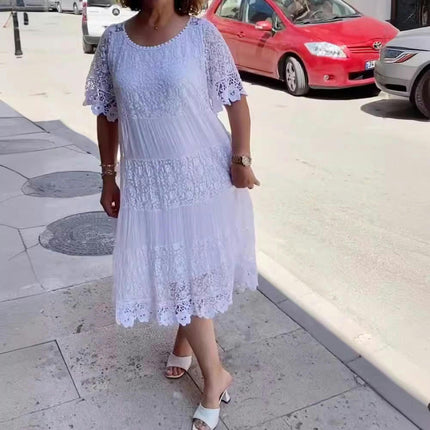 Women Casual Summer Lace Dress Short Sleeve Crew Neck Midi Dress