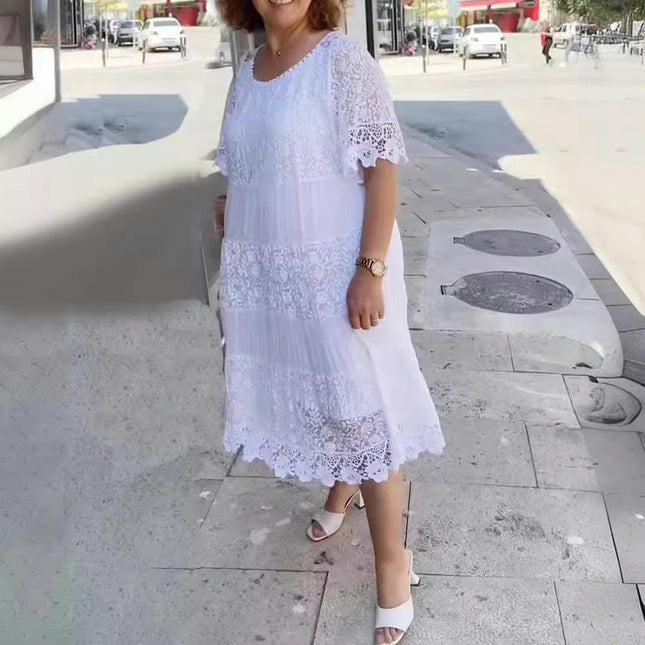 Women Casual Summer Lace Dress Short Sleeve Crew Neck Midi Dress