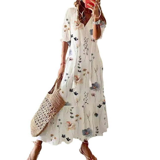 Summer Boho Floral Printe Dress for Women Casual Short Sleeve V Neck Maxi Dress