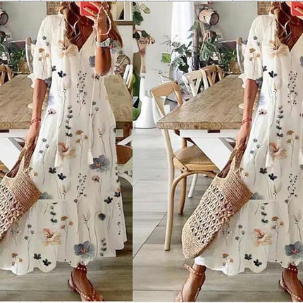 Summer Boho Floral Printe Dress for Women Casual Short Sleeve V Neck Maxi Dress