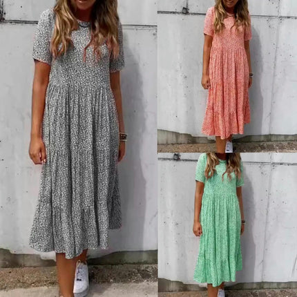 Women's Summer Casual Floral Print Short Sleeve Crew Neck Tiered Flowy Maxi Dress