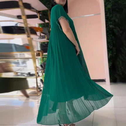 Women Summer Pleated Maxi Dress Casual Short Sleeve Crewneck Flowy Swing Long Dress