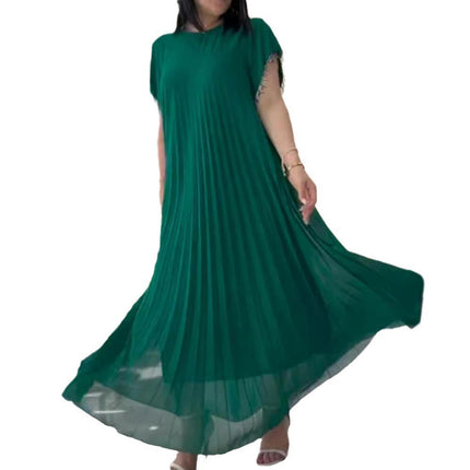 Women Summer Pleated Maxi Dress Casual Short Sleeve Crewneck Flowy Swing Long Dress