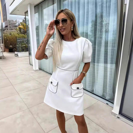 Women's Summer Casual Puff Short Sleeve Crewneck Bodycon Pencil Mini Dress with Pockets