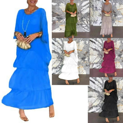 Women's Summer Long Dress Crew Neck Bat Short Sleeve Ruffle Tiered Layered Swing Maxi Dresses