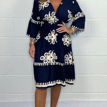 Women's Print Midi Dresses 3/4 Sleeve V Neck A Line Flowy Summer Beach Dress