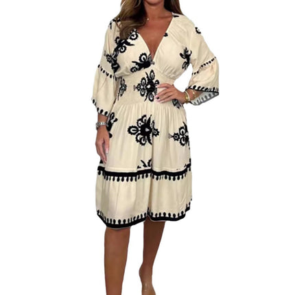 Women's Print Midi Dresses 3/4 Sleeve V Neck A Line Flowy Summer Beach Dress