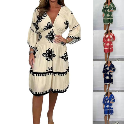 Women's Print Midi Dresses 3/4 Sleeve V Neck A Line Flowy Summer Beach Dress