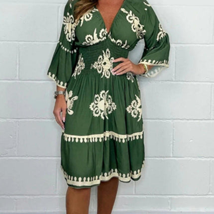 Women's Print Midi Dresses 3/4 Sleeve V Neck A Line Flowy Summer Beach Dress