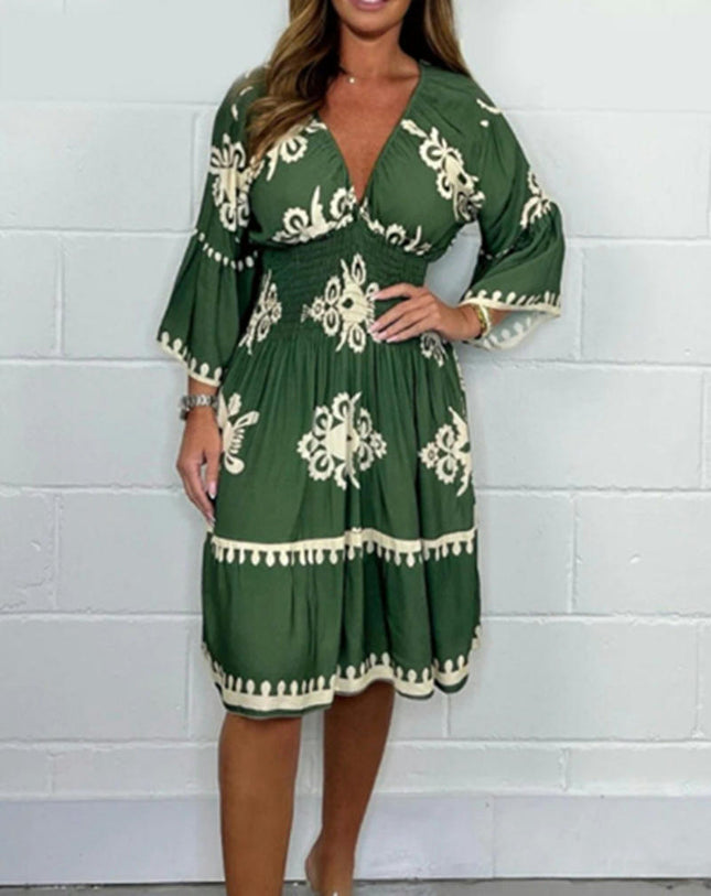 Women's Print Midi Dresses 3/4 Sleeve V Neck A Line Flowy Summer Beach Dress