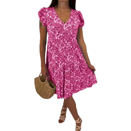 Womens Summer V Neck Floral Print Dresses Short Sleeve Swing Casual Boho Midi Dress