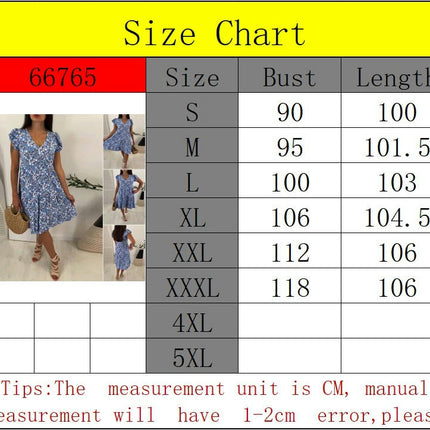 Womens Summer V Neck Floral Print Dresses Short Sleeve Swing Casual Boho Midi Dress